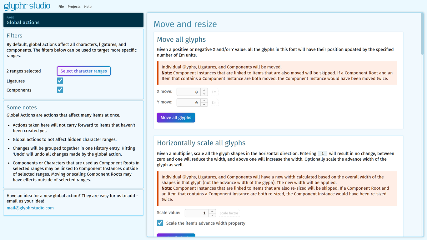 Global Actions page